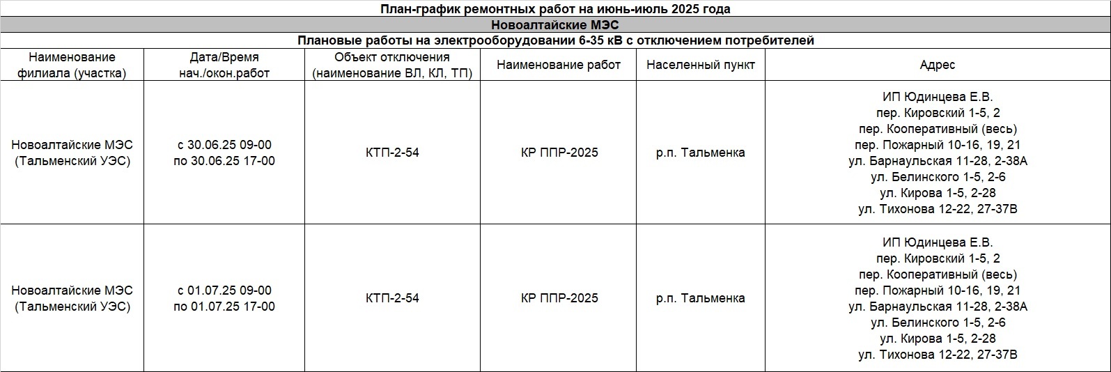 План-график отключения электроэнергии на следующую неделю.